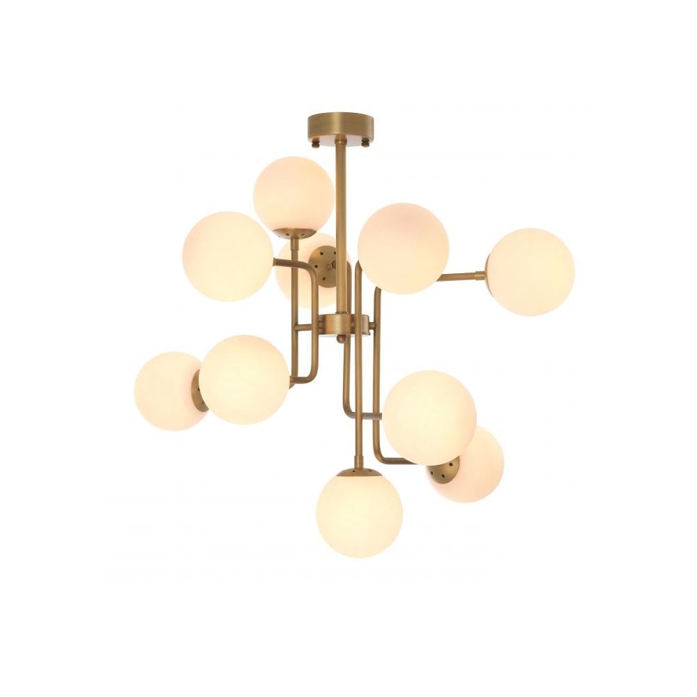 Vintage Brass Orb Chandelier with White Globe Shades