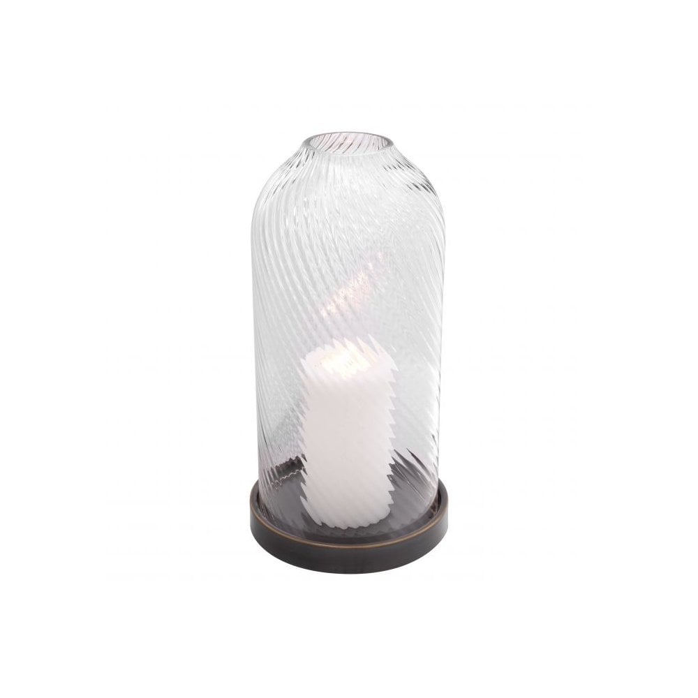 Giselle Hurricane Lantern, Bronze Accent Finish, Hand Blown Ribbed Glass
