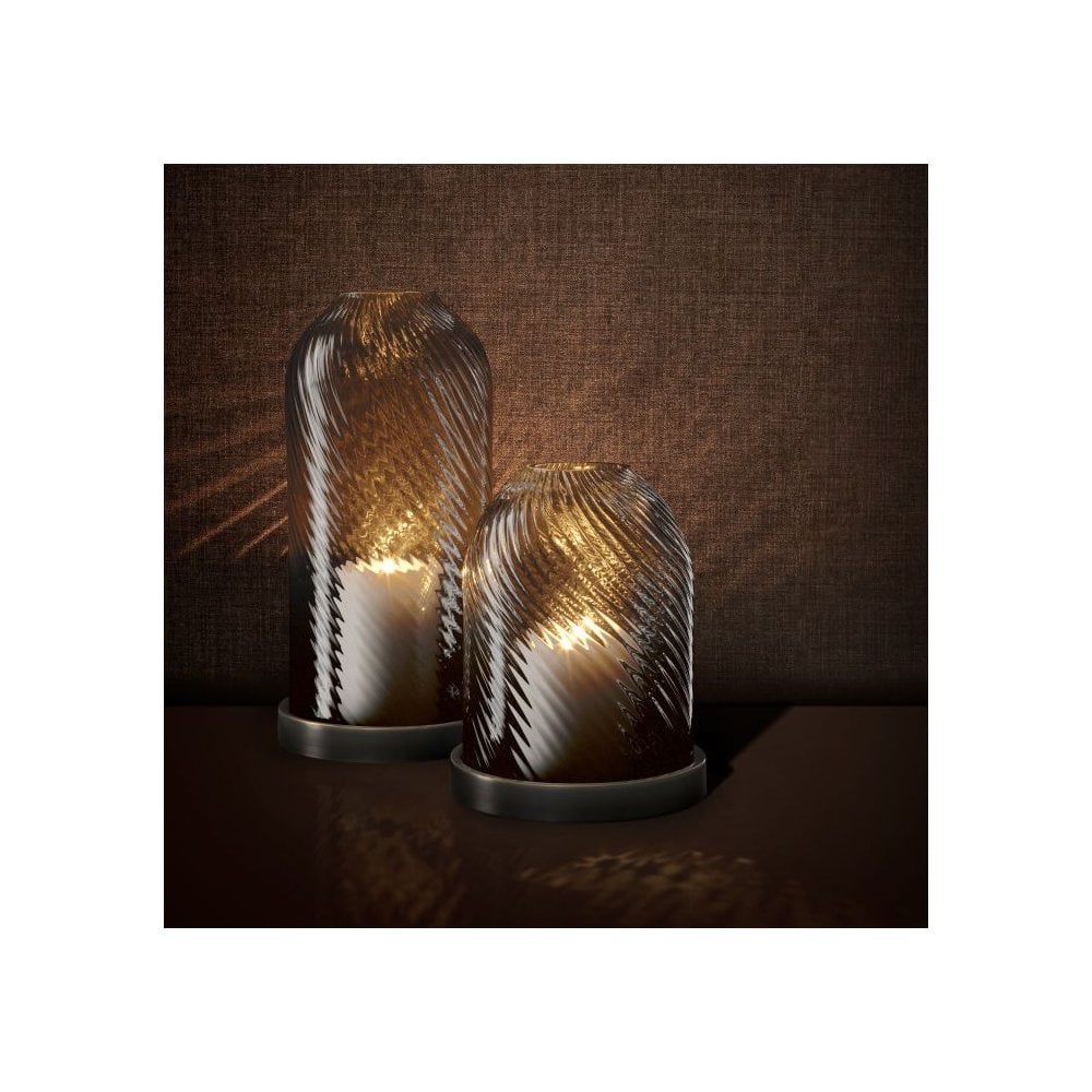 Giselle Hurricane Lantern, Bronze Accent Finish, Hand Blown Ribbed Glass