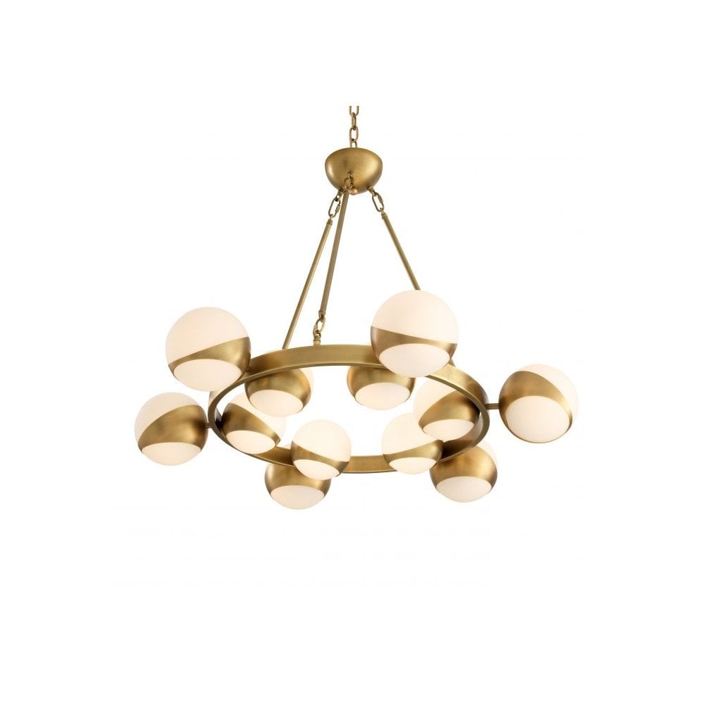 Piazetta Mid-Century Modern Chandelier, Antique Brass & White Globe Shades