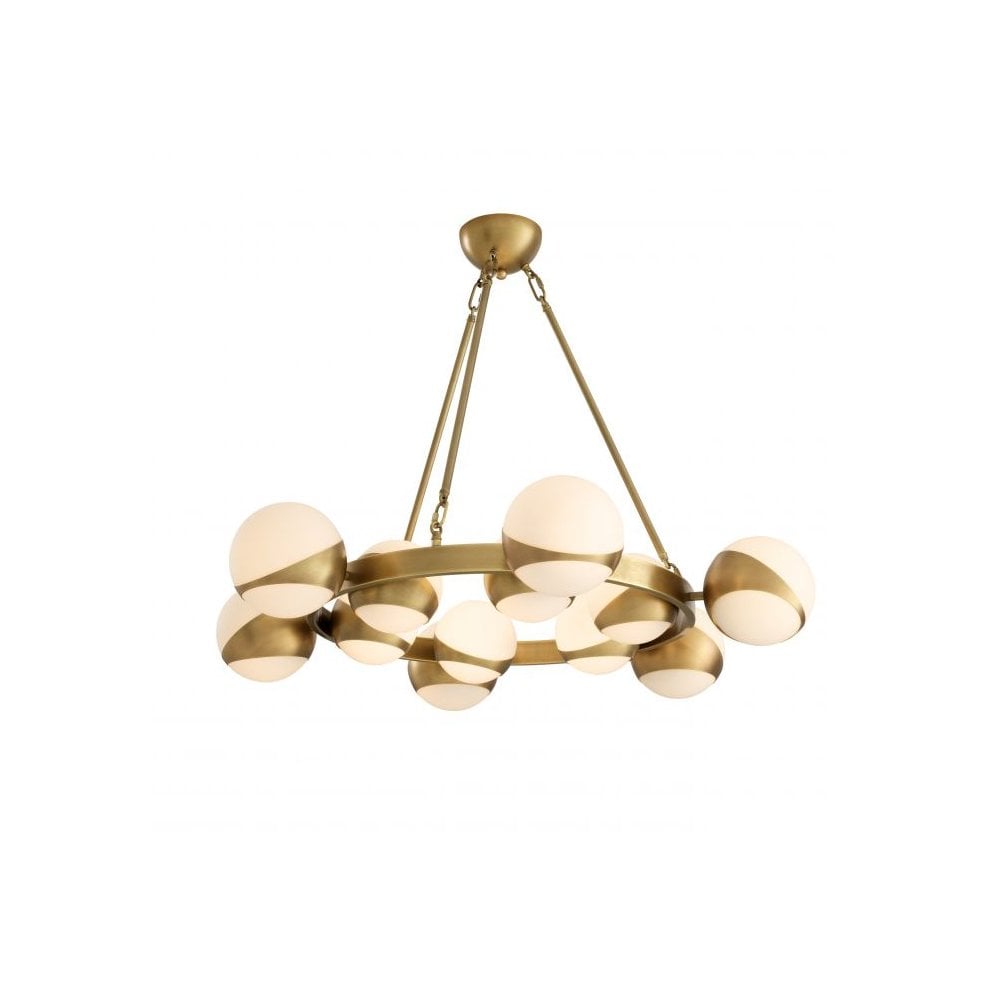 Piazetta Mid-Century Modern Chandelier, Antique Brass & White Globe Shades