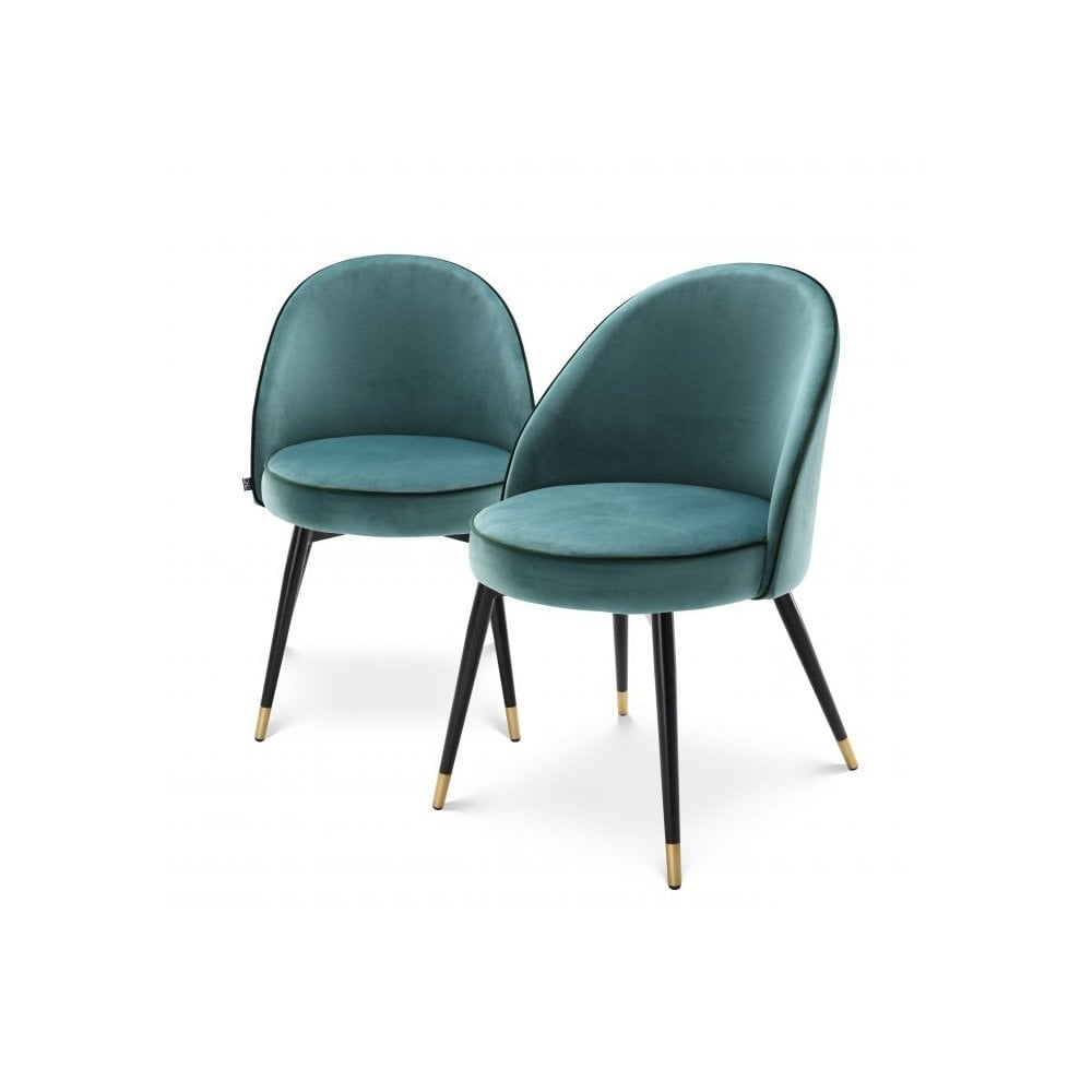 Set of 2 Cooper Dining Chairs in Turquoise Velvet with Black and Brass Accents
