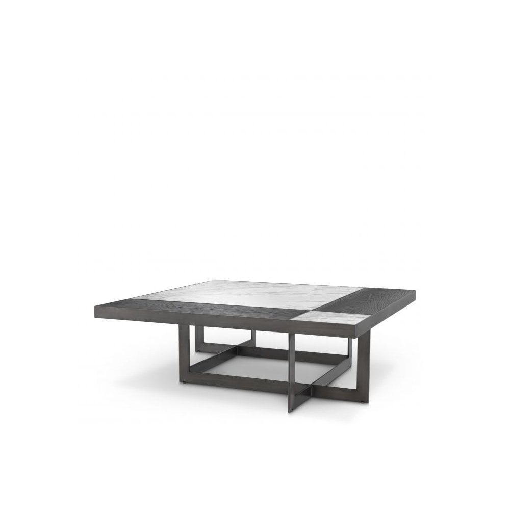 Hermoza Coffee Table: Bianco Lilac Marble and Mocha Oak Veneer with Bronze Finish