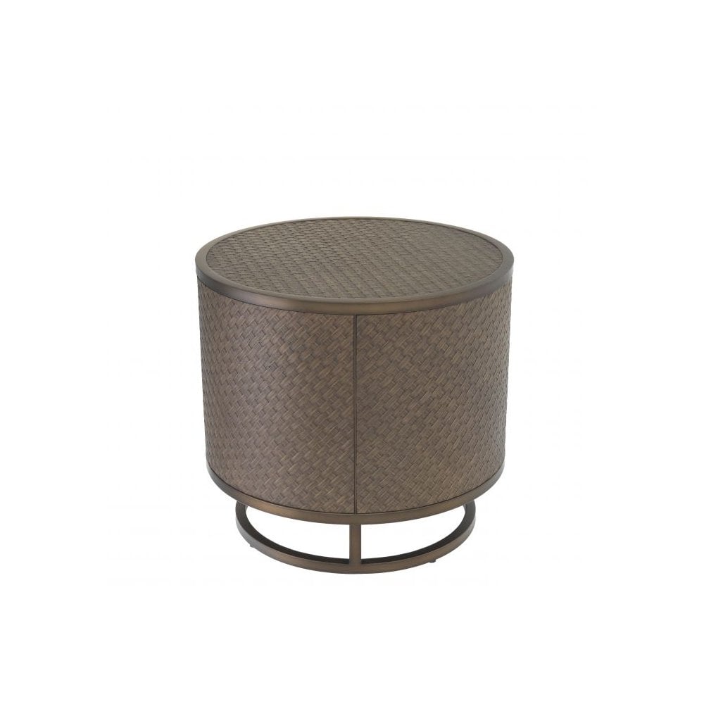 Napa Valley Woven Oak Veneer Side Table with Bronze Accents