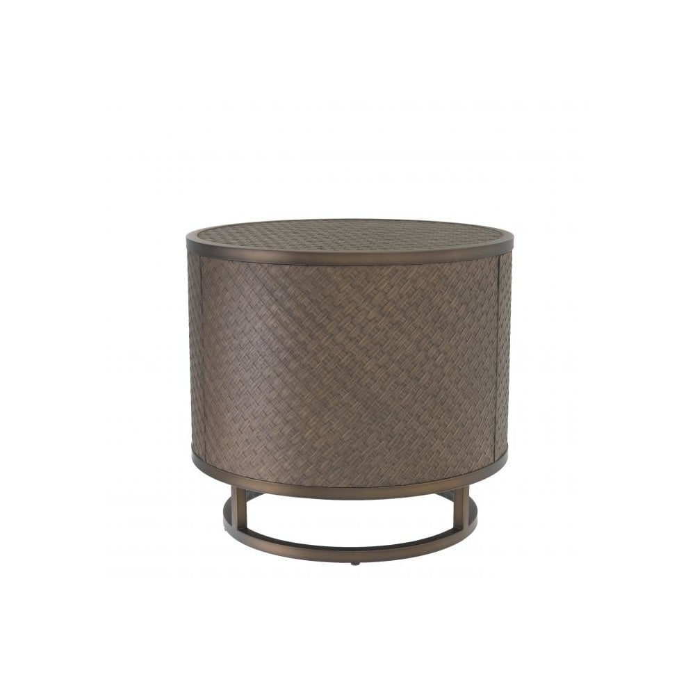 Napa Valley Woven Oak Veneer Side Table with Bronze Accents