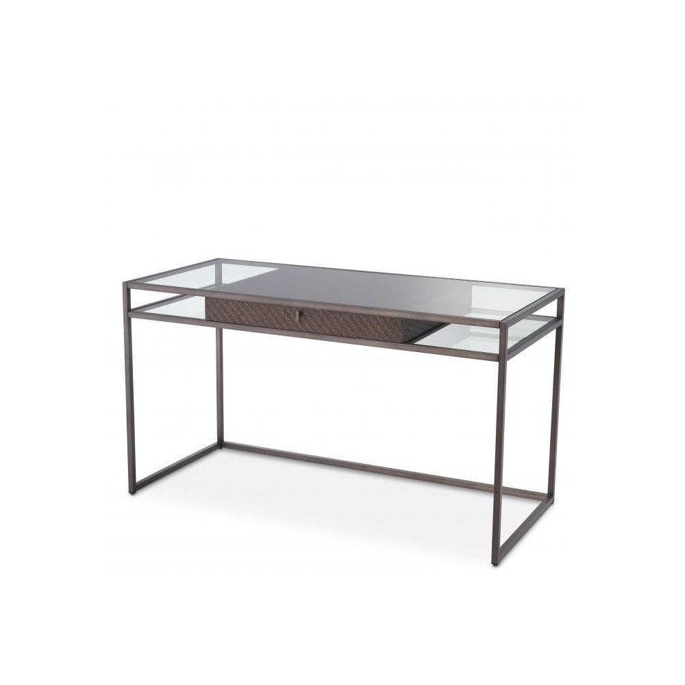 Napa Valley Desk: Woven Oak, Clear Glass, Bronze-Accented Modern Design