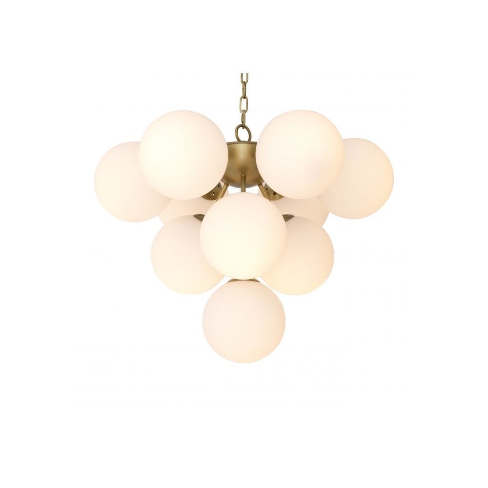 Icaro Luxurious Brass Chandelier with White Glass Orbs