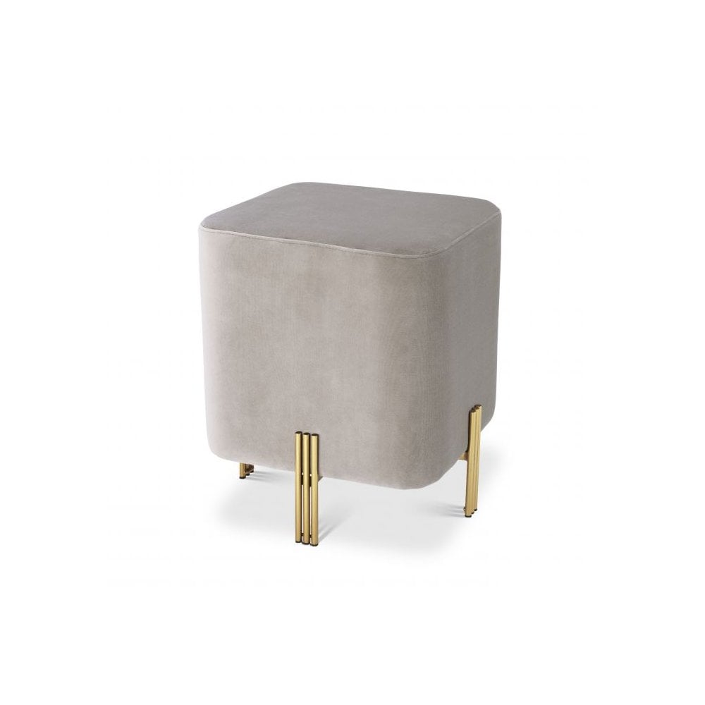 Savona Greige Velvet Cube Ottoman with Brushed Brass Legs