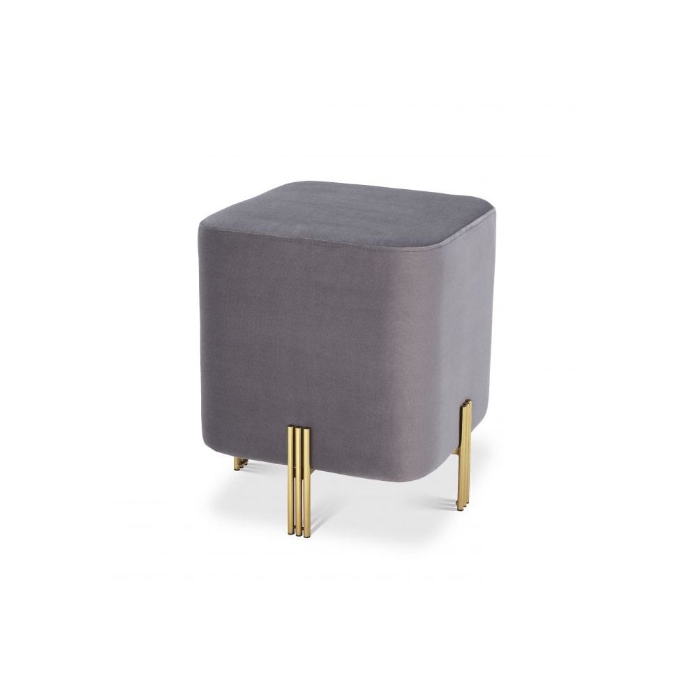 Savona Grey Velvet Cube Ottoman with Brushed Brass Legs