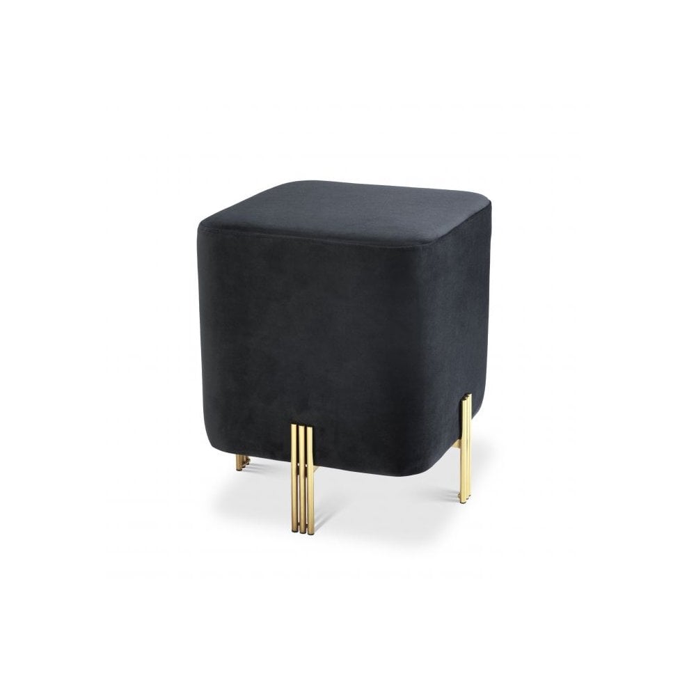 Chic Mid-Century Black Velvet & Gold Cube Stool by Burnett