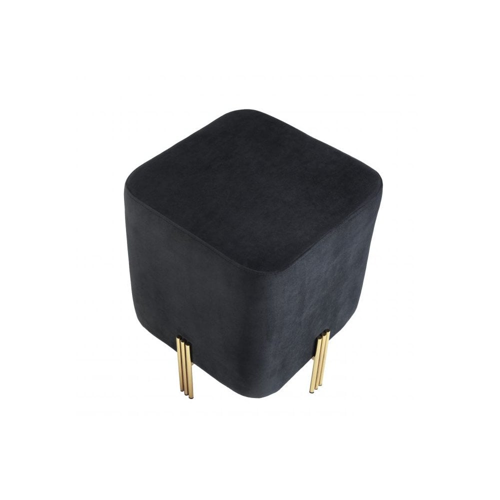 Chic Mid-Century Black Velvet & Gold Cube Stool by Burnett