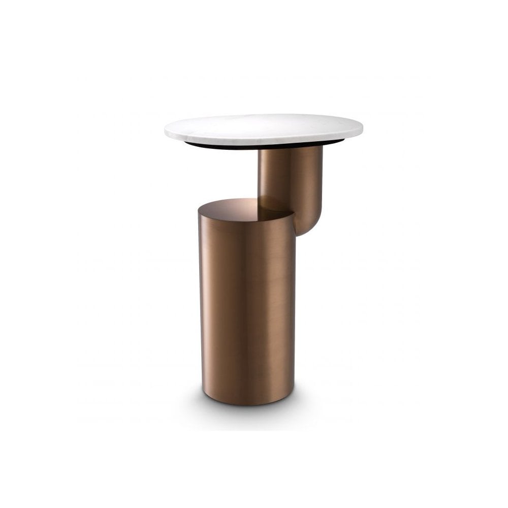 Tosca Side Table with Brushed Copper Accents and White Marble Top