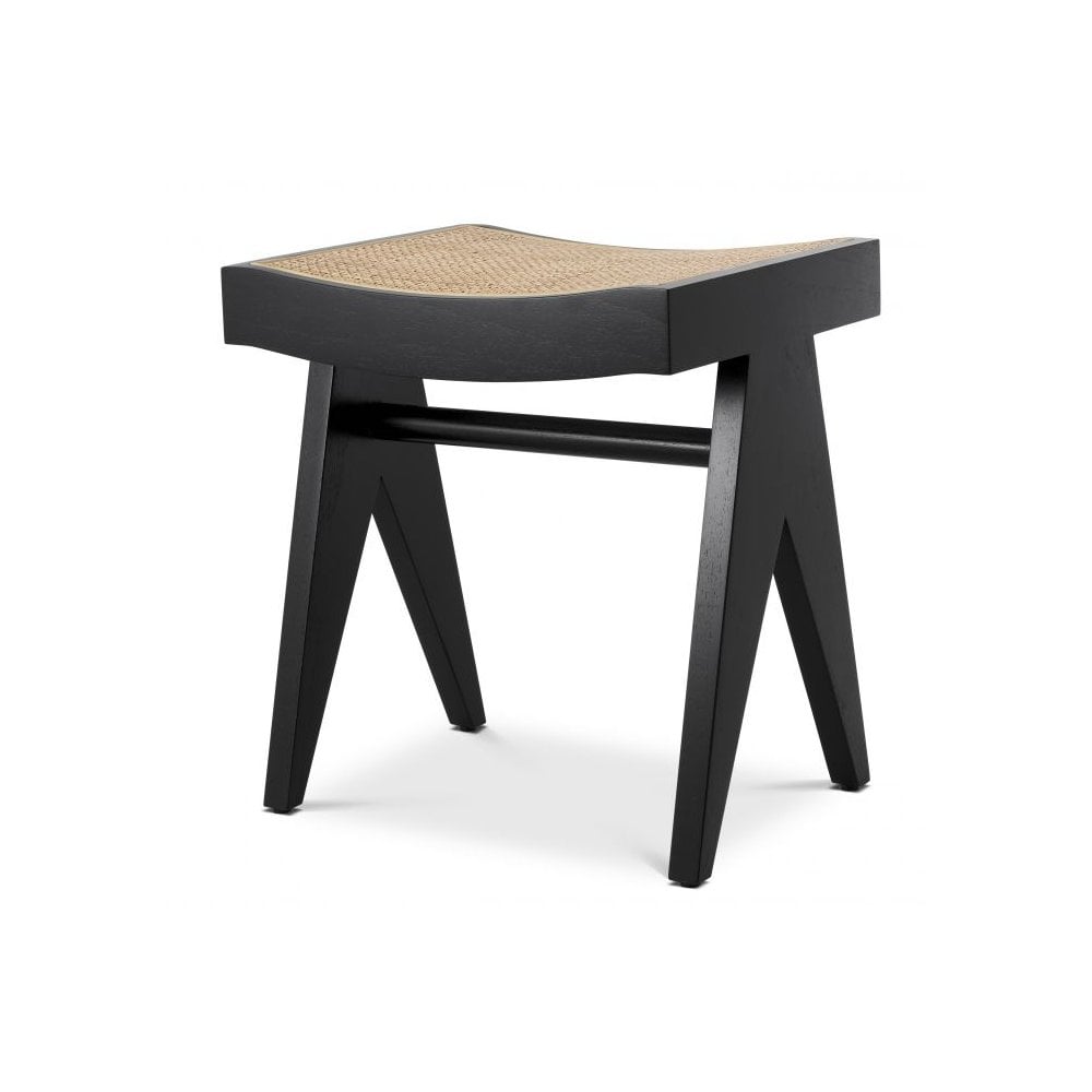 Arnaud Stool, Black Wood, Handwoven Rattan Cane