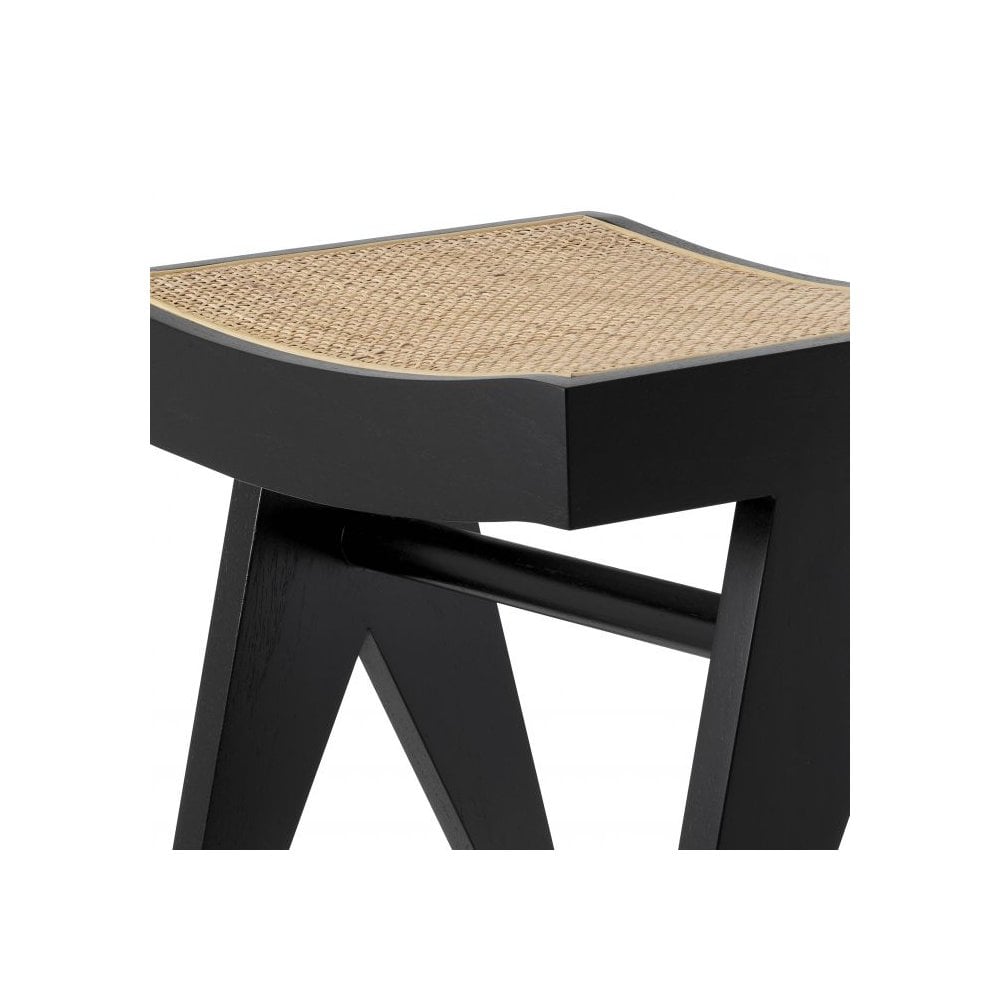 Arnaud Stool, Black Wood, Handwoven Rattan Cane
