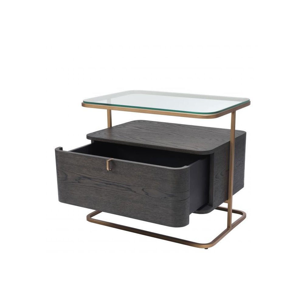 Augusto Side Table in Mocha Oak Veneer with Brushed Brass and Glass Elements