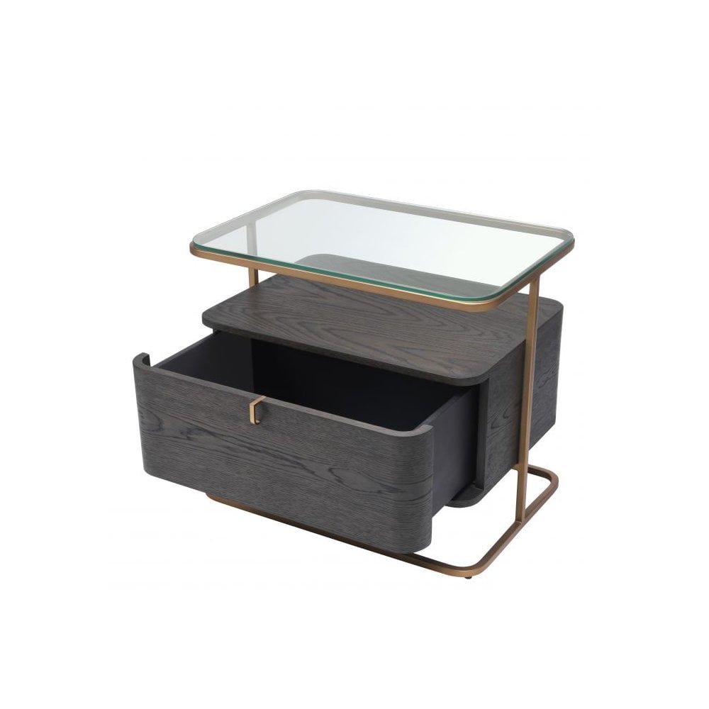 Augusto Side Table in Mocha Oak Veneer with Brushed Brass and Glass Elements