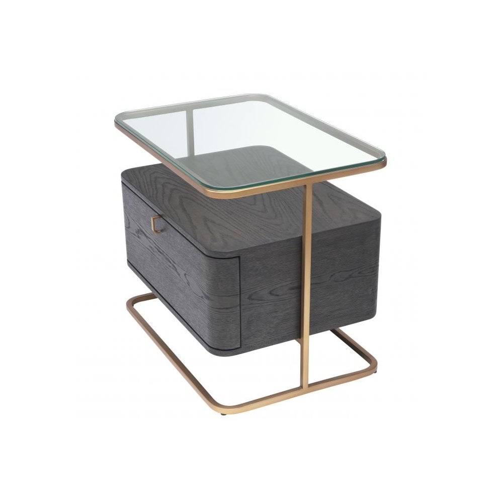 Augusto Side Table in Mocha Oak Veneer with Brushed Brass and Glass Elements