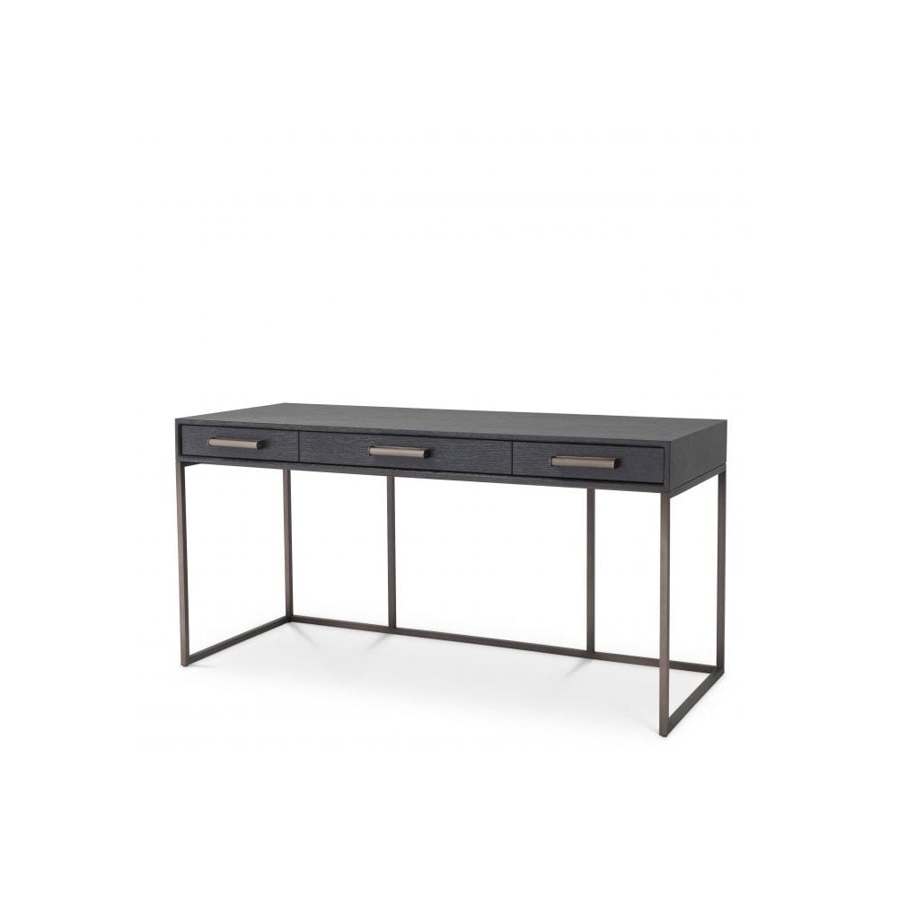 Larsen Modern Desk in Charcoal Grey Oak with Bronze Accents and Faux-Leather Detailing