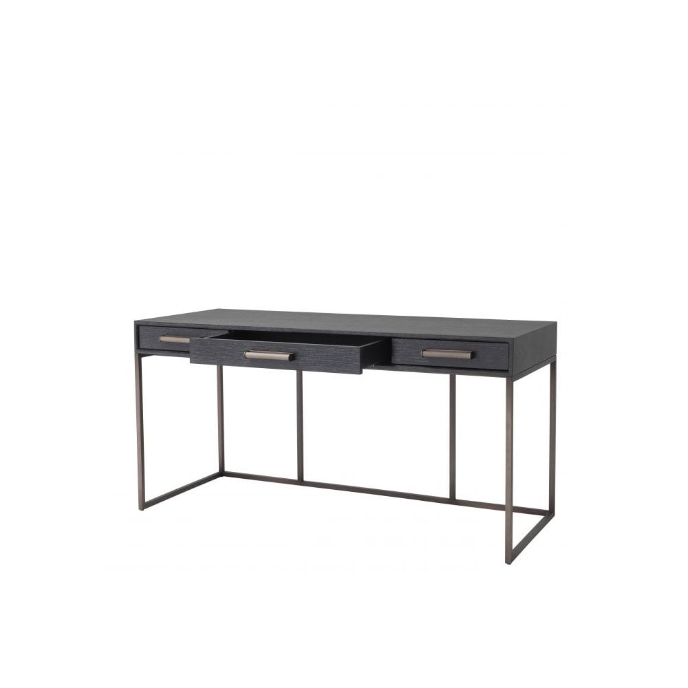 Larsen Modern Desk in Charcoal Grey Oak with Bronze Accents and Faux-Leather Detailing