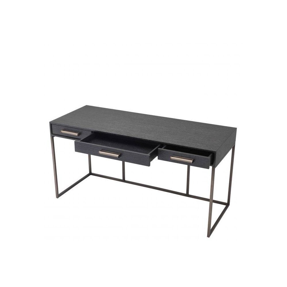 Larsen Modern Desk in Charcoal Grey Oak with Bronze Accents and Faux-Leather Detailing