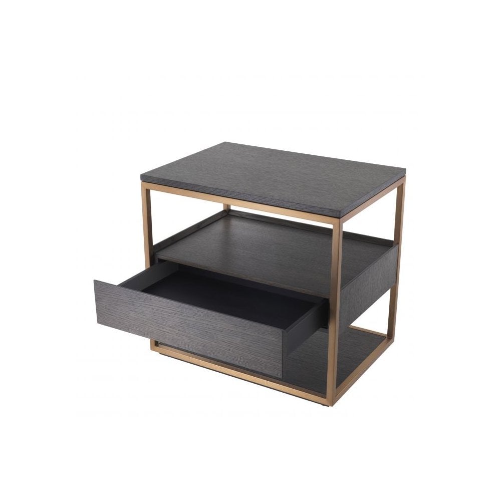 Parker Side Table, Mocha Oak Veneer with Brushed Brass Accents
