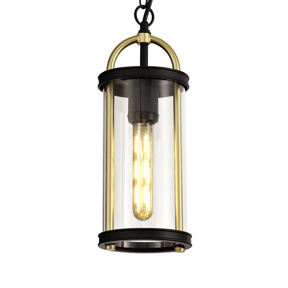 Elegant Black & Gold Pendant Light with Clear Glass Shade, E27, IP54, Adjustable Drop