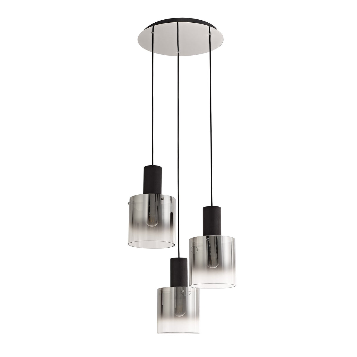 Black and Smoke Glass 3-Light Round Pendant, Adjustable E27 Fixture