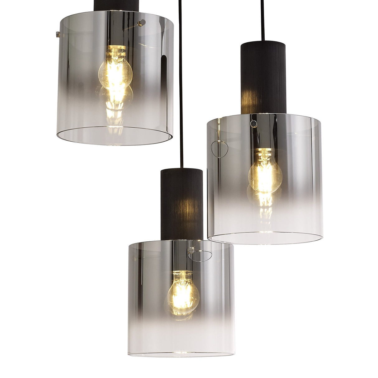 Black and Smoke Glass 3-Light Round Pendant, Adjustable E27 Fixture