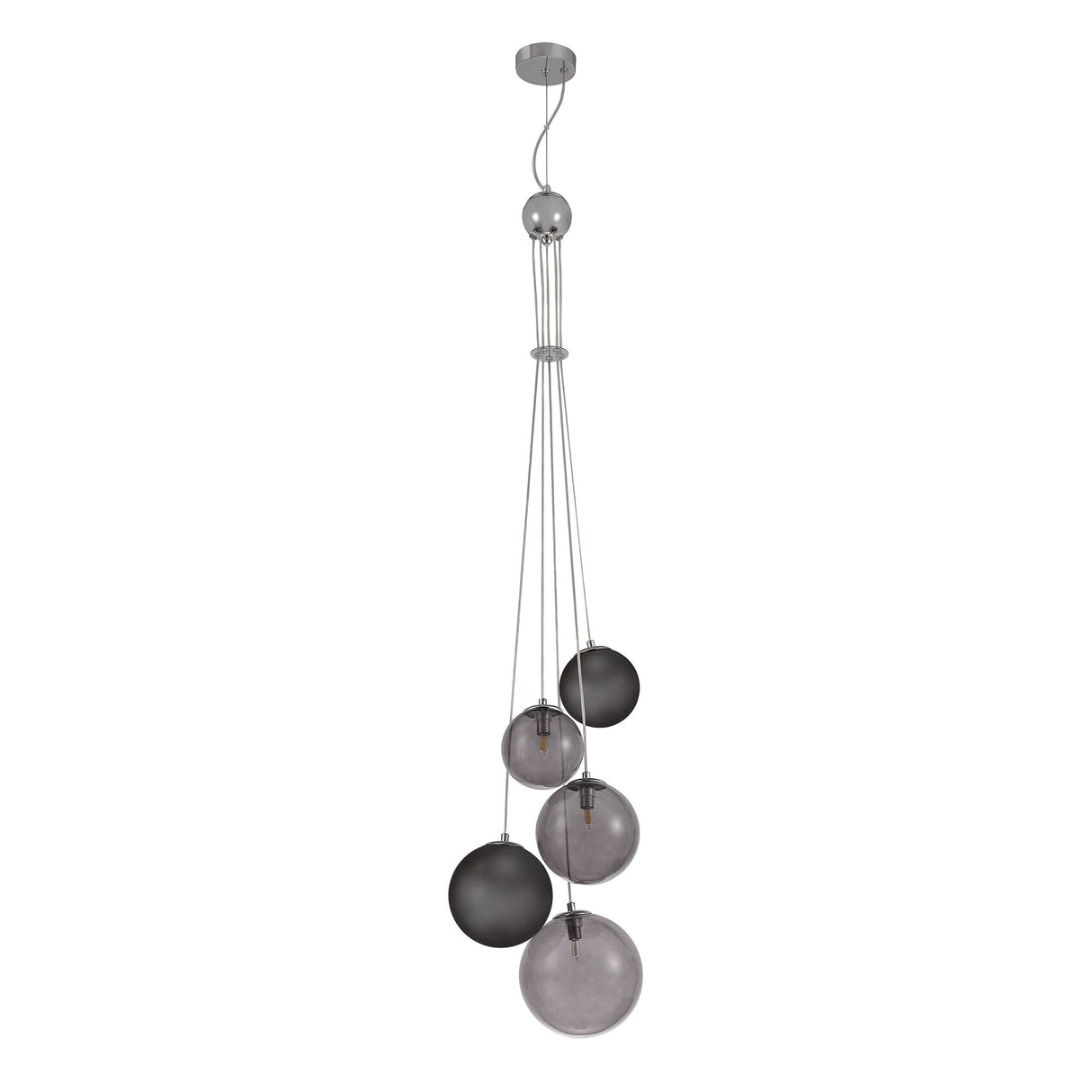 Modern Elegance: 5-Light Chrome Pendant with Smoked Glass Shades