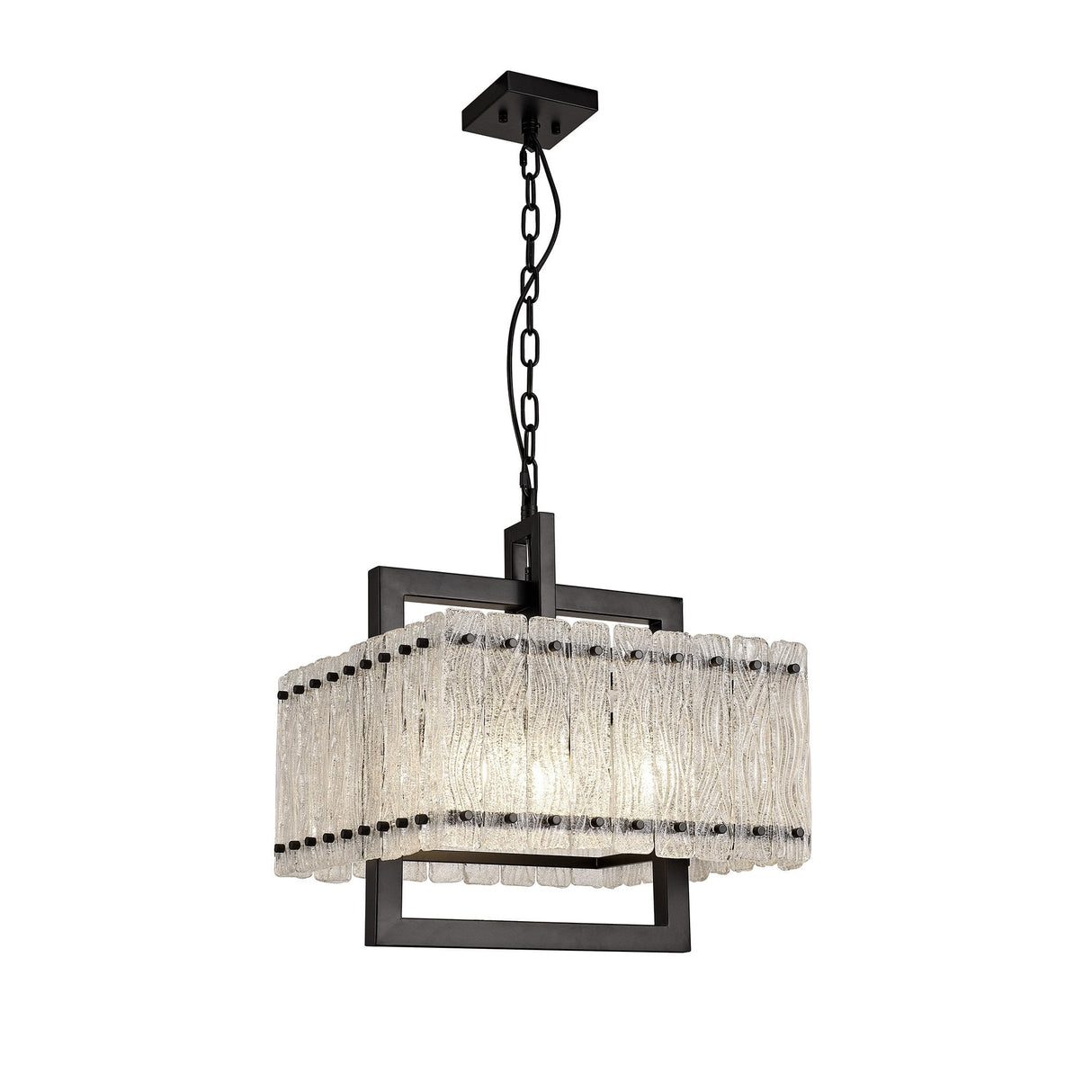 Contemporary Large Square Pendant Light with Crystal Sand Glass and Matt Black Finish