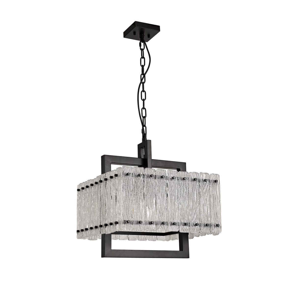 Contemporary Large Square Pendant Light with Crystal Sand Glass and Matt Black Finish