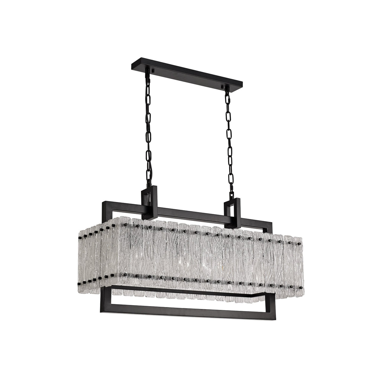 Elegant 8-Light Rectangular Pendant in Matte Black with Crystal Sand Glass