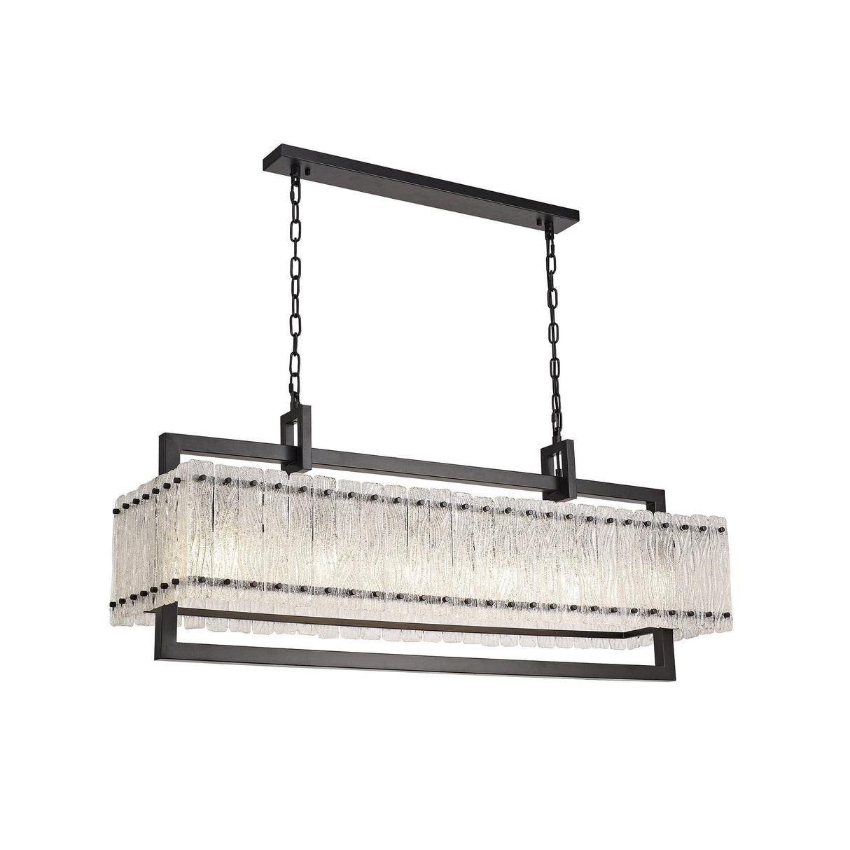 Sleek 12-Light Rectangular Pendant in Matte Black with Crystal Sand Artistic Glass