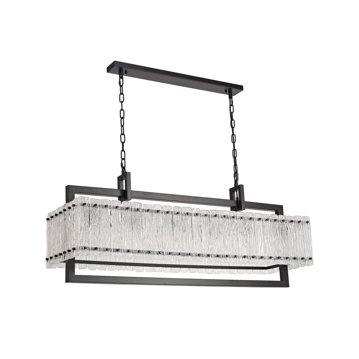 Sleek 12-Light Rectangular Pendant in Matte Black with Crystal Sand Artistic Glass