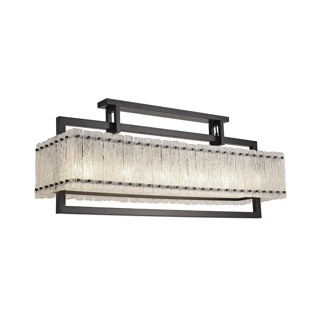 Sleek 12-Light Rectangular Pendant in Matte Black with Crystal Sand Artistic Glass
