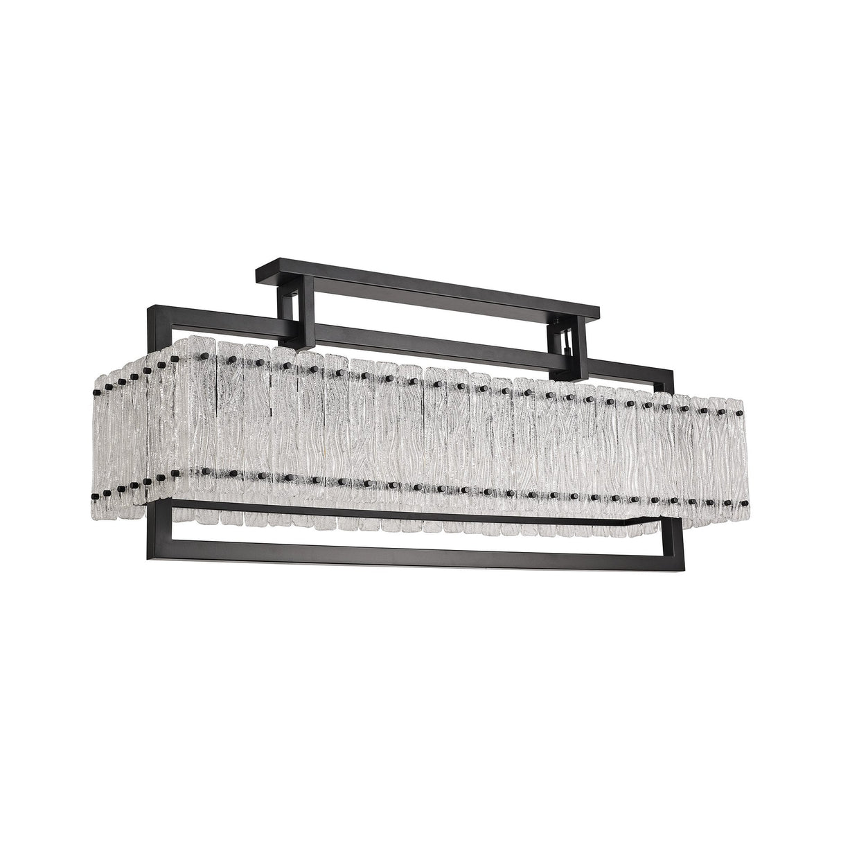 Sleek 12-Light Rectangular Pendant in Matte Black with Crystal Sand Artistic Glass