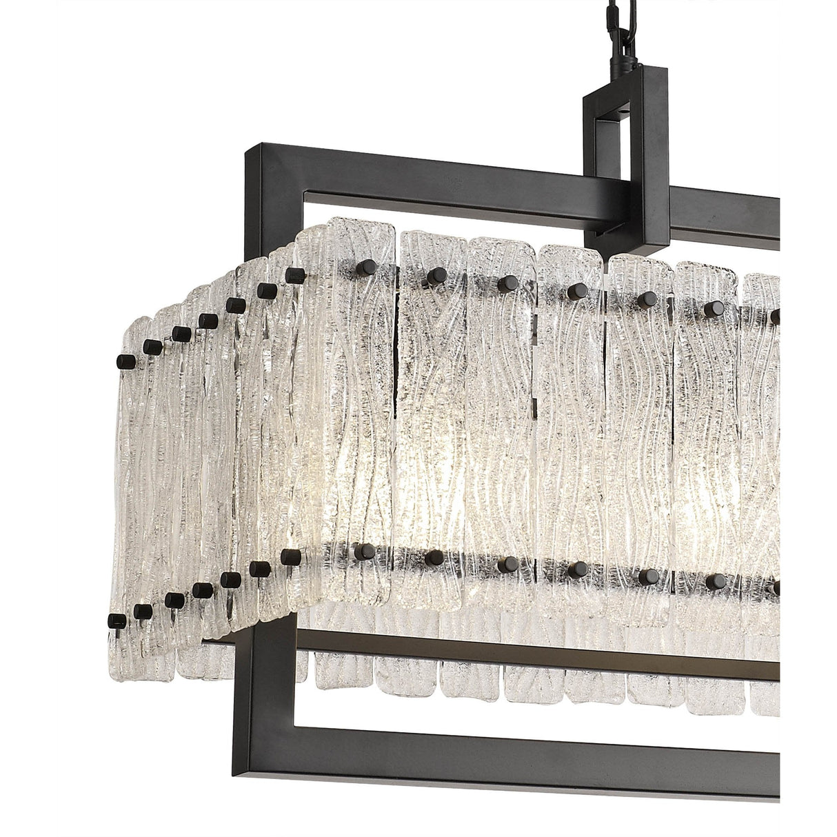 Sleek 12-Light Rectangular Pendant in Matte Black with Crystal Sand Artistic Glass