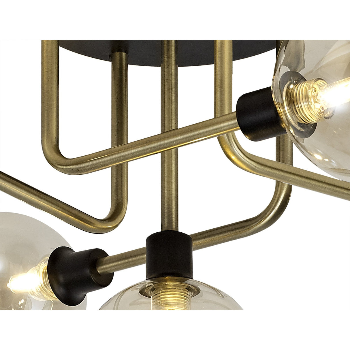 Modern Elegance: 5-Light G9 Flush Ceiling Fixture in Matte Black and Antique Brass with Cognac Glass