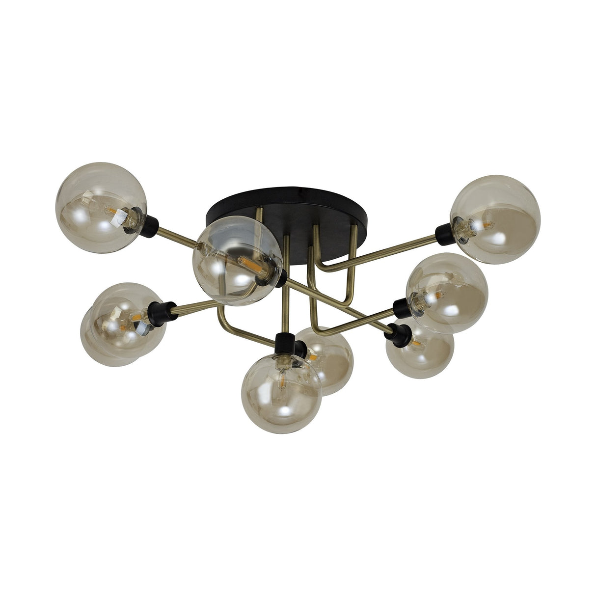 Contemporary Elegance: 9-Light G9 Flush Ceiling Fixture in Matt Black, Antique Brass & Cognac Glass