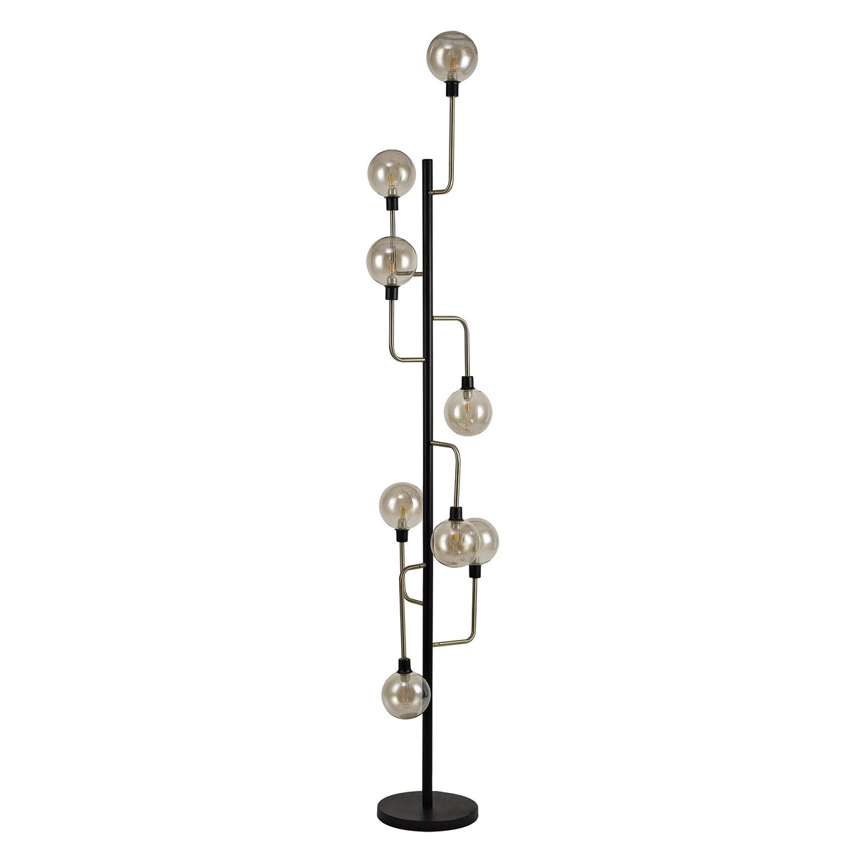 Elegant 8-Light Floor Lamp, Matt Black with Antique Brass and Cognac Glass