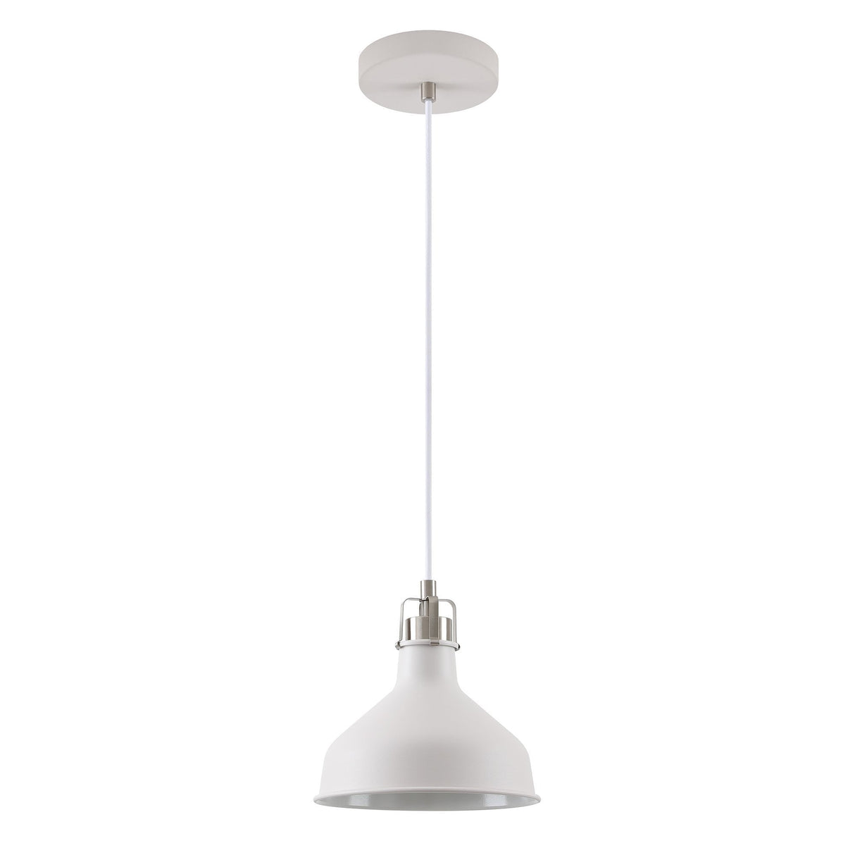 Modern Elegance: White and Satin Nickel Pendant Light, Adjustable Drop