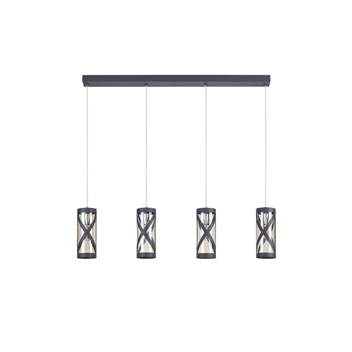Contemporary 4-Light Linear Pendant in Grey and Chrome with Cognac Accents