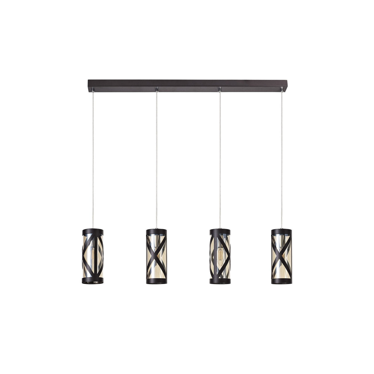 Elegant Quartet Linear Pendant in Oiled Bronze and Polished Chrome with Amber Glass Shades