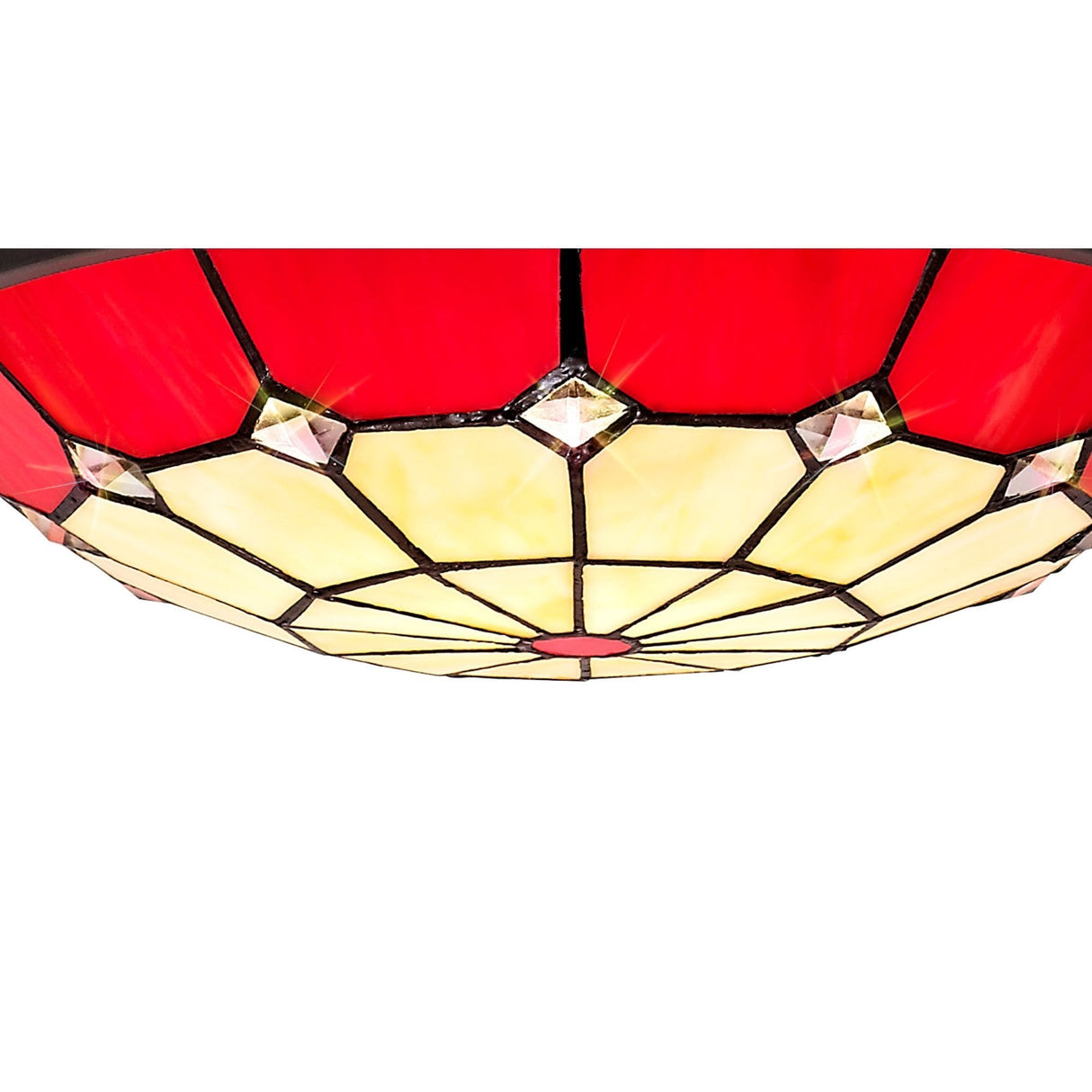 Elegant Red and Cream Tiffany Pendant Light with Antique Brass Accents and Crystal Detail