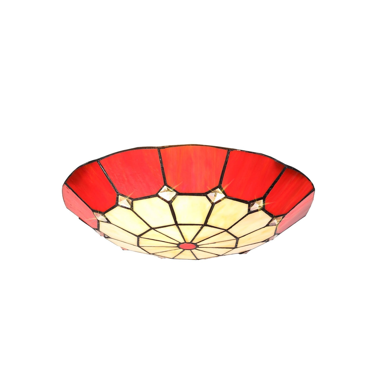 Elegant Red and Cream Tiffany Pendant Light with Antique Brass Accents and Crystal Detail