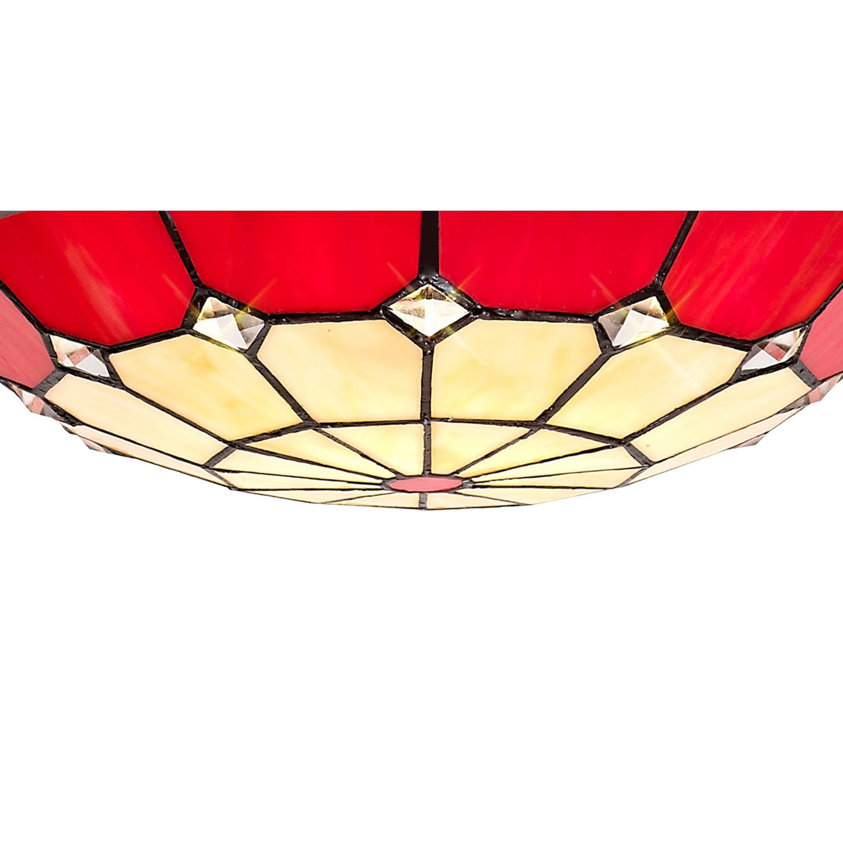 Elegant Red and Cream Tiffany Pendant Light with Antique Brass Accents and Crystal Detail