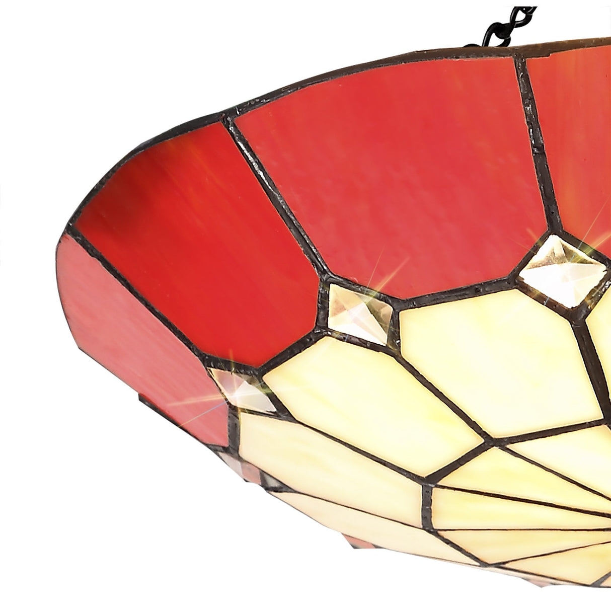Elegant Red and Cream Tiffany Pendant Light with Antique Brass Accents and Crystal Detail