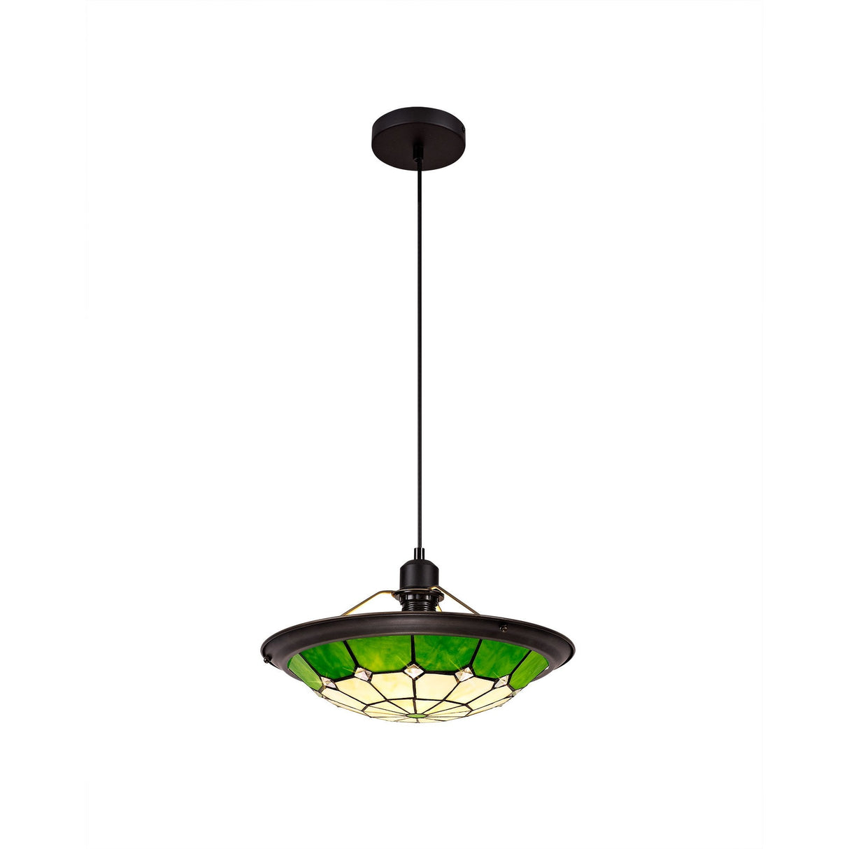 Elegant 1-Light Pendant with 35cm Tiffany Shade in Cream, Green & Antique Brass Finish