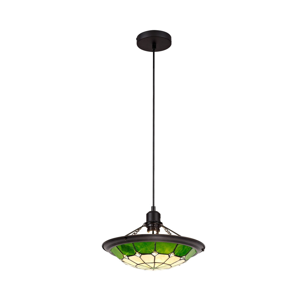 Elegant 1-Light Pendant with 35cm Tiffany Shade in Cream, Green & Antique Brass Finish