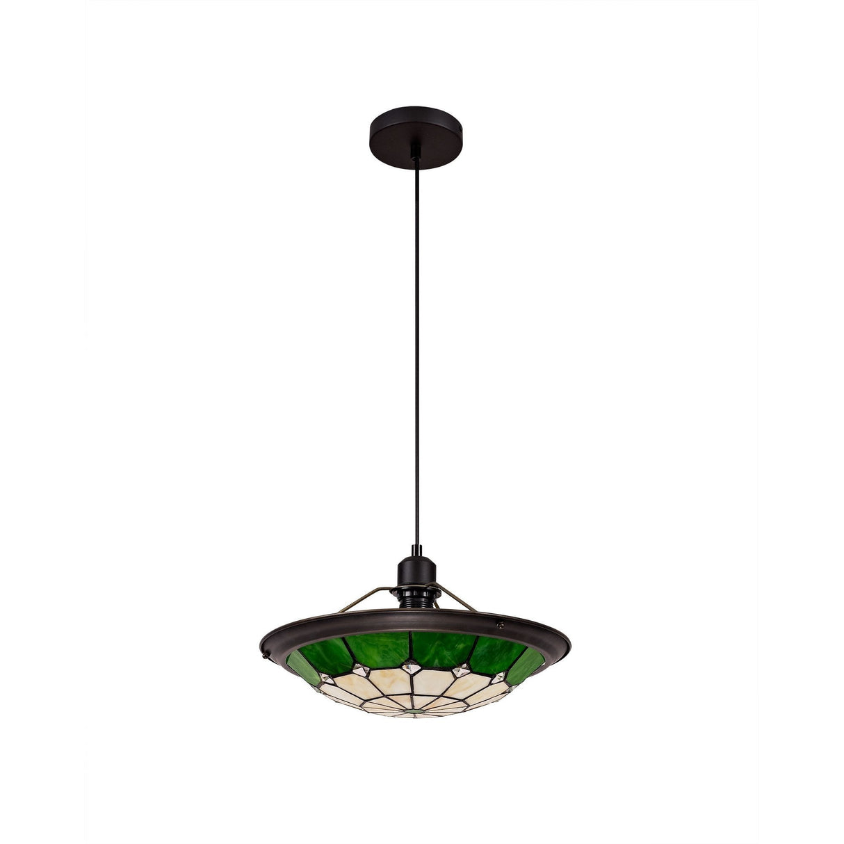Elegant 1-Light Pendant with 35cm Tiffany Shade in Cream, Green & Antique Brass Finish